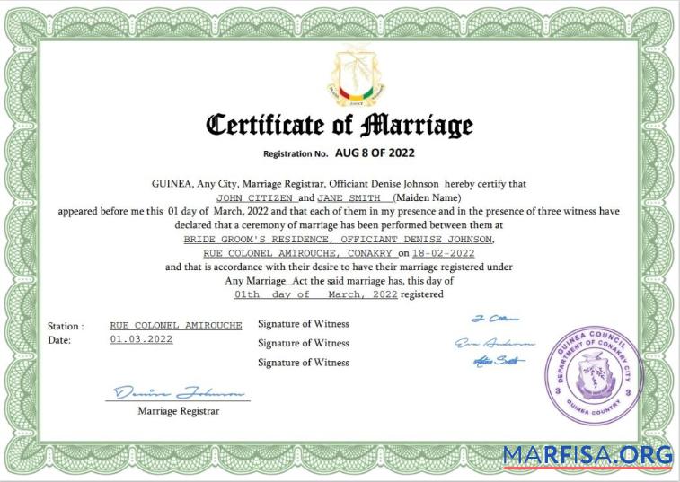 Blank Guinea marriage certificate real example